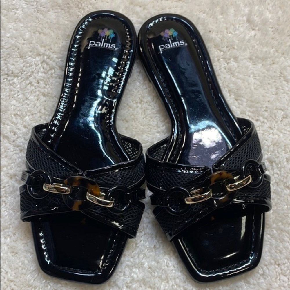 Palms Black Mesh Strap Sandal Square Toe Tortoise Chain Detail Women’s Sz 9